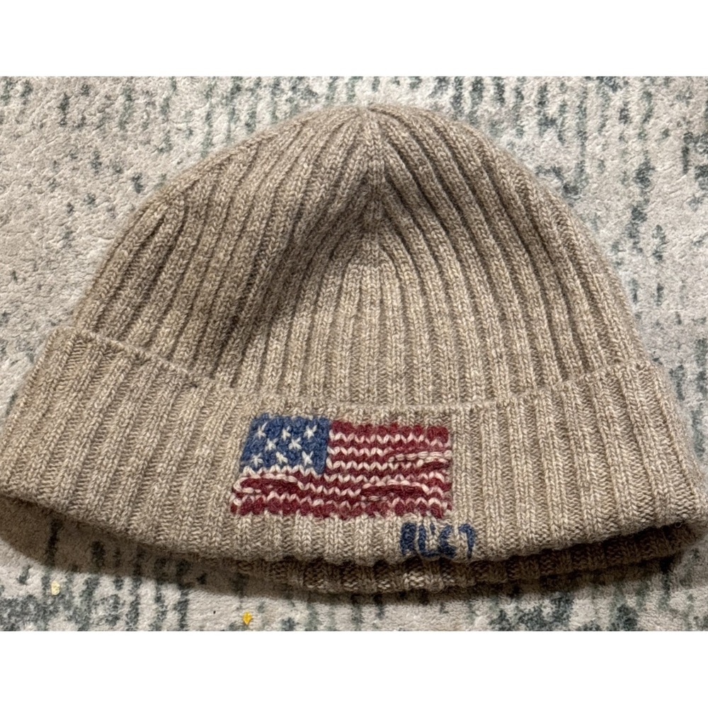 Authentic Polo Ralph Lauren USA Flag Knit Beanie Hat - Beige / Tan Wool Blend